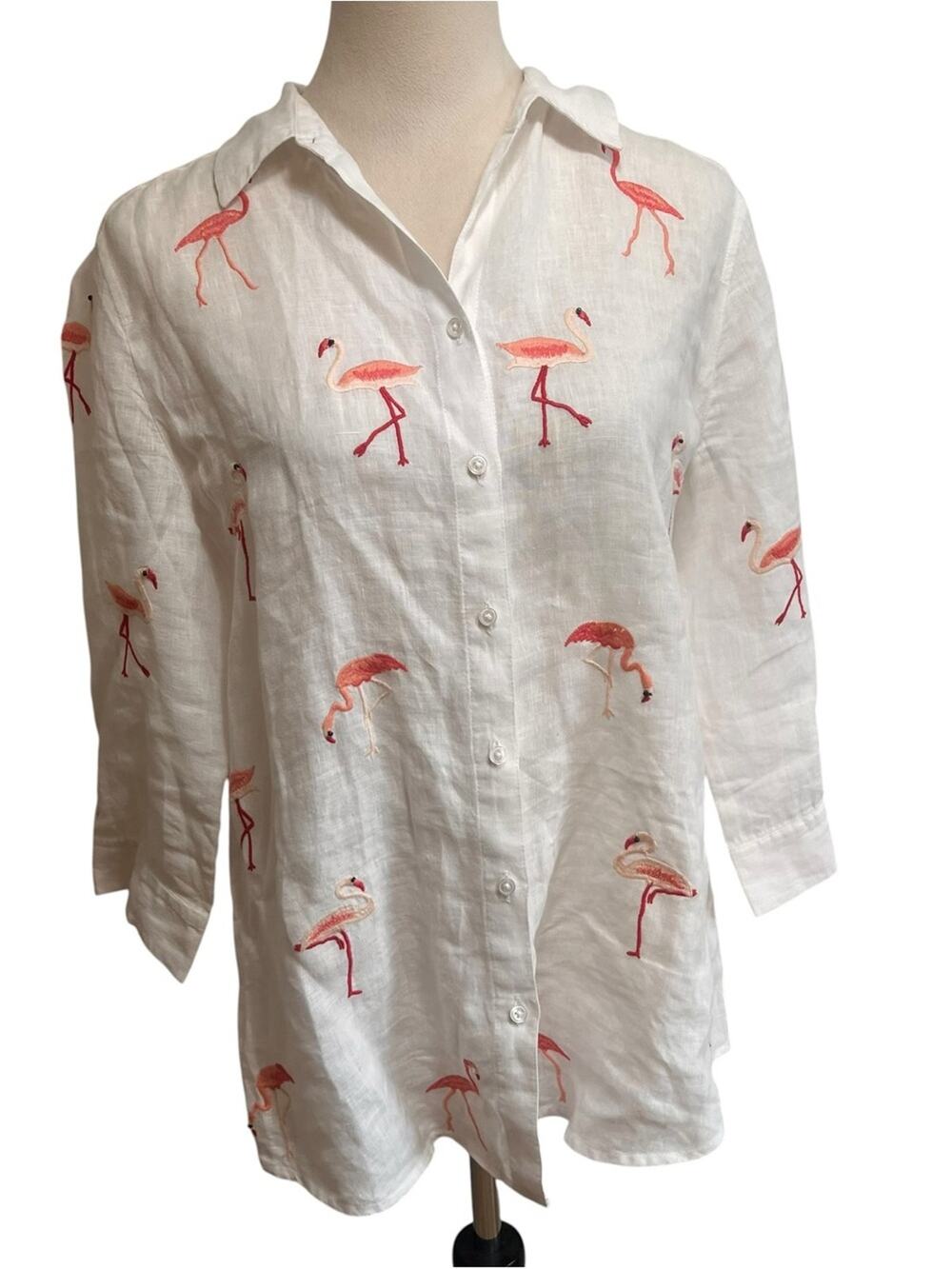 Chico’s 100% Linen Flamingo Embroidered Button Front Shirt | Beaded Detail | Mef